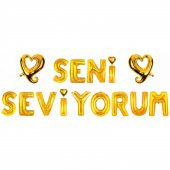 Gold Altın Rengi Seni Seviyorum Folyo Balon Set, 13 Harf+2 Kalp - 1