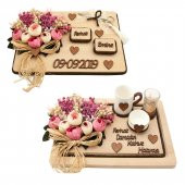 Damat Kahve Fincanı ve Söz Nişan Tepsisi Takımı Kare Ahşap Fuşya - 1