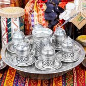 Bakır İşlemeli 6 Kişilik Cezveli Kahve Fincan Takımı Seti Beyaz - 1