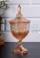 Cam Kristal Ayaklı Sarı Altın Kapaklı Şekerlik 25cm - 1