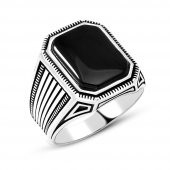Halat Desenli Siyah Oniks Taşlı 925 Ayar Gümüş Erkek Yüzük - 1