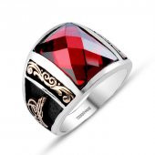 Tuğra İşlemeli Kırmızı Zirkon Taşlı 925 Ayar Gümüş Milli İrade Yüzüğü - 1