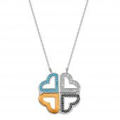 Renkli Zirkon Taşlı İki Kullanımlı Üç Kalp 925 Ayar Gümüş Bayan Kolye - 2