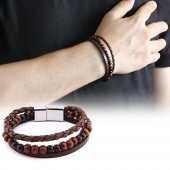 Hasır Tasarım Kuka-Oniks Taşlı 3 Sıra Çelik-Deri Kombinli Erkek Bileklik - 1