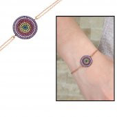 Renkli Zirkon Taşlı Yuvarlak Tasarım 925 Ayar Gümüş Bayan Bileklik - 1