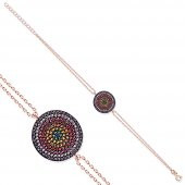 Renkli Zirkon Taşlı Yuvarlak Tasarım 925 Ayar Gümüş Bayan Bileklik - 5