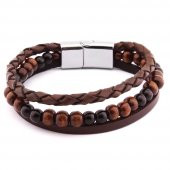 Hasır Tasarım Kuka-Oniks Taşlı 3 Sıra Çelik-Deri Kombinli Erkek Bileklik - 4