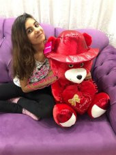 Peluş Oyuncak Ayı Kırmızı Şapkalı Love Kalp Yastıklı 60 Cm Sevgililer Günü Hediyesi - 2