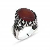 Ayyıldız İşlemeli Kırmızı Bombeli Akik Taşlı 925 Ayar Gümüş Erkek Yüzük - 2