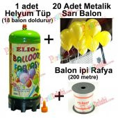 Helyum Gazı Tüp + 20 Adet Sarı Balon Metalik Uçan Balon + İpi - 2