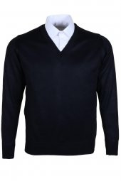 Erkek Yünlü Kazak V Yaka Normal Klasik Kesim Lacivert RAR00372 - 1