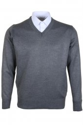 Erkek Yünlü Kazak V Yaka Normal Klasik Kesim Gri RAR00374 - 1