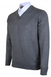 Erkek Yünlü Kazak V Yaka Normal Klasik Kesim Gri RAR00374 - 2