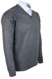 Erkek Yünlü Kazak V Yaka Normal Klasik Kesim Gri RAR00374 - 3