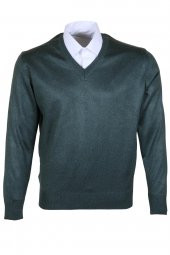 Erkek Yünlü Kazak V Yaka Normal Klasik Kesim Yeşil RAR00375 - 1