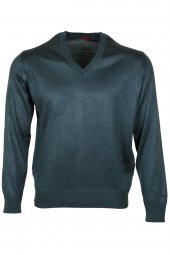 Erkek Yünlü Kazak V Yaka Normal Klasik Kesim Yeşil RAR00375 - 4