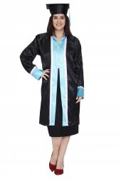 Mezuniyet Kep Cübbe Lise Siyah Turkuaz Beyaz Şeritli - 1