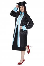 Mezuniyet Kep Cübbe Lise Siyah Turkuaz Beyaz Şeritli - 2