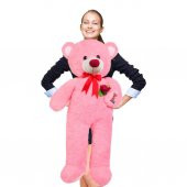 Peluş Ayı Romantik Pembe 100cm Elinde Gül Tutan Peluş Ayıcık - 1