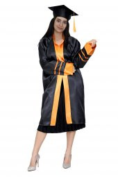 Mezuniyet Kep Cübbe Lise Siyah Turuncu Şeritli - 1