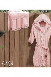 Bambu Dantelli Lisa Kapşonlu Bayan Bornoz Seti Pudra thumbnail 2