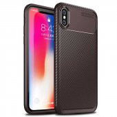 iPhone X Kılıf Pc Karbon Delüx Tpu Silikon Kahverengi + Temperli - 1