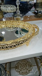 Aynalı Gold Rengi İşlemeli Tepsi (38x26) - 2