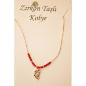 Renkli Kırmızı Boncuklu Zirkon Taşlı Kolye - 2