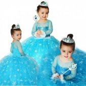 Frzoen Elsa Çocuk Kostümü - Tarlatanlı Uzun Kollu Simli Kostüm + Full Set - 2