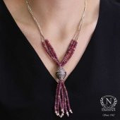 925 Ayar Gümüş Yakut Taş ve Şarnel Borulu Dizi Kolye - 1