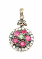 925 Ayar Gümüş Bronz Karışımı Minik Yakut ve Zümrüt Kolye Ucu - 1