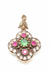 925 Ayar Gümüş Bronz Karışımı Çiçek Şeklinde Zümrüt, Yakut Kolye Ucu - 1