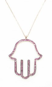 925 Ayar Gümüş Yakut Taşlı El Modeli Kolye, Pembe - 1