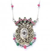 925 Ayar Gümüş ve Bronz Karışımı Yakut ve Zümrüt Taşlı Oval Otantik Kolye - 1