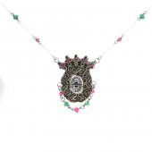 925 Ayar Gümüş ve Bronz Karışımı Yakut ve Zümrüt Taşlı Oval Otantik Kolye - 2