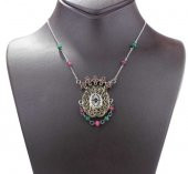 925 Ayar Gümüş ve Bronz Karışımı Yakut ve Zümrüt Taşlı Oval Otantik Kolye - 5