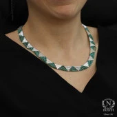 925 Ayar Gümüş Turkuaz Taşlı 5 sıra Özel Tasarım Kolye thumbnail 5