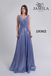 JAMİLA PULLU ÖRME UZUN BAYAN ABİYE ELBİSE - 19362 GÜL KURUSU / INDIGO - 1