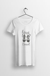 Love Travel Baskılı Yırtmaçlı Oversize Kadın Tshirt - 1