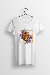 Tiger Flower Baskılı Yırtmaçlı Oversize Kadın Tshirt - 1