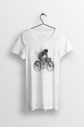 Nokta Bisiklet Baskılı Yırtmaçlı Oversize Kadın Tshirt - 1