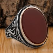 925 Ayar Gümüş Düz Akik Taşlı Oval Model Yüzük thumbnail 1