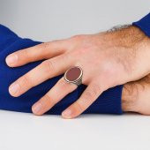 925 Ayar Gümüş Düz Akik Taşlı Oval Model Yüzük thumbnail 2