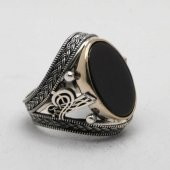 925 Ayar Gümüş Osmanlı Tuğralı Oniks Taşlı Erkek Yüzük thumbnail 3