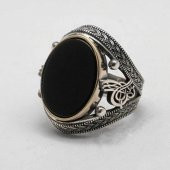 925 Ayar Gümüş Osmanlı Tuğralı Oniks Taşlı Erkek Yüzük thumbnail 4