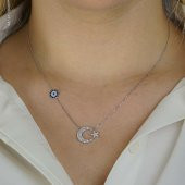 925 Ayar Gümüş Zirkon Taşlı Nazar Ay Yıldız Kolye thumbnail 1