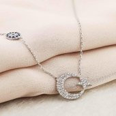 925 Ayar Gümüş Zirkon Taşlı Nazar Ay Yıldız Kolye thumbnail 3