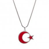 925 Ayar Gümüş  Kırmızı Renk Ay Yıldız Erkek Kolye - 1