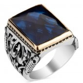 Özel Dikdörtgen Tasarımlı Mavi Zirkon Taşlı Gümüş Yüzük thumbnail 2