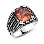 925 Ayar Gümüş Bal Rengi Zirkon Taşlı Yüzük - 1